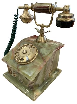 Fantastic Vintage Italian Green Onyx 18k Gold Plated Rotary Dial Table Top Mid Century Phone. Bea 