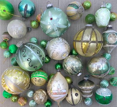 50 Vintage West Germany, Poland, Shiny Brite Moss Green, Champagne & Lime Mercury Glass Ornaments. 