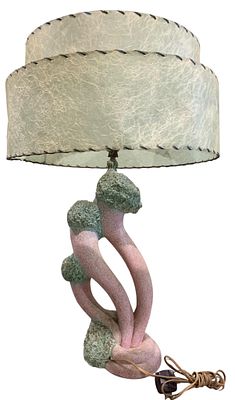 Unique Vintage Mid Century Chalkware Table Lamp with 2 Tier Fiberglass Shade, Reglor of California. 