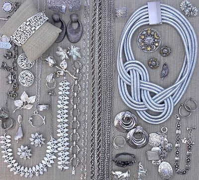 45 pc Vintage Park Lane, Sarah Cov, Napier, J.J., Brighton, Silver Costume Jewelry Collection. Fr 