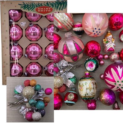 45 Mid Century Candy Pink & Magenta Shiny Brite, West Germany, Mercury Glass Christmas Ornaments. 