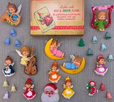 Vintage NOS Mid Century Red and Green Flame Christmas Matches, Composite Angel & Bell Ornaments. 