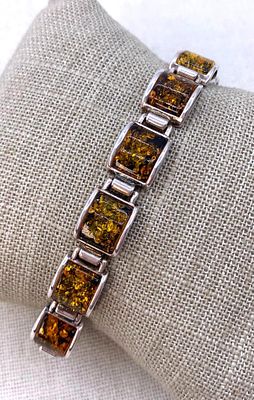 Exceptional Russian Spangled Amber Sterling Silver Convex Half Moon Link Bracelet. Kokoshnick 