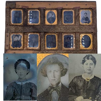 10 Unusual Antique 1850s-1860s Victorian Ambrotype Glass Plate Photographs on Early Wood Panel. W 