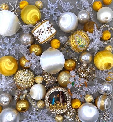 95 Vintage Saffron, Gold & Cream Pierced, Pinned, Mercury Glass, Beaded Christmas Tree Ornaments. 