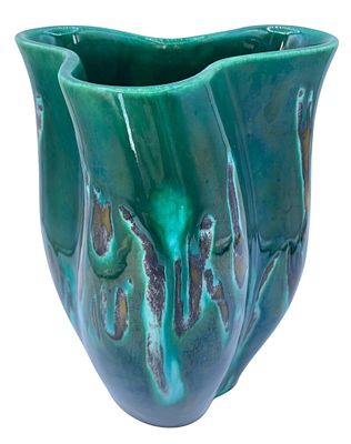 Large Mid Century ROYAL HAEGER Emerald Green & Sienna Asymmetrical Biomorphic Vase. 8 3/4" x 6 
