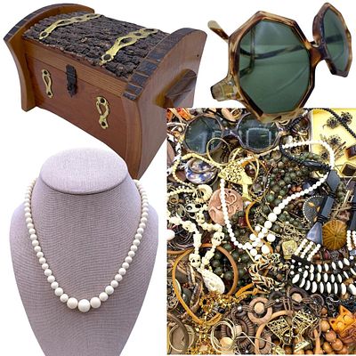 100 pc Natural & Created Vintage Jewelry Collection, French Sunglasses & Wood Bark Jewel Chest. C 