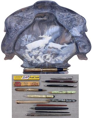 15 pc Incolay Stone Cameo Stag Pen Rest Letter Holder Desk Tray & Vintage Writing Instruments. 11 