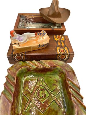 5 pc Vintage Polish Folk, Masonic, Cedar Point, Copper Cowboy & Flapper Cigarette Box & Ashtray Lot
