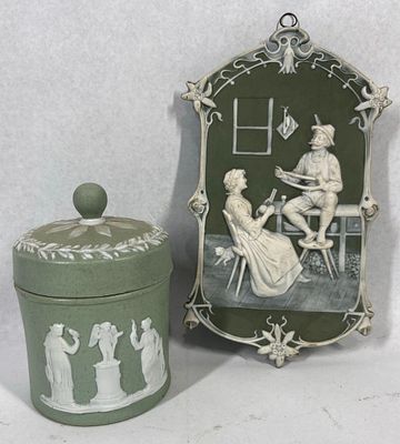 Pair Relief Sage Green Jasperware Style. This lot consists of two pieces of matte-finished sage 