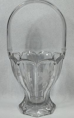 Heisey Colonial Floral Engraved Basket. 13 inches tall. A clear glass basket produced by A.H. 