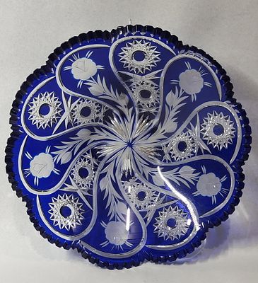 Bohemian Cobalt Cut to Clear Bowl. 11.5x3 A large circular centerpiece bowl or low compote 