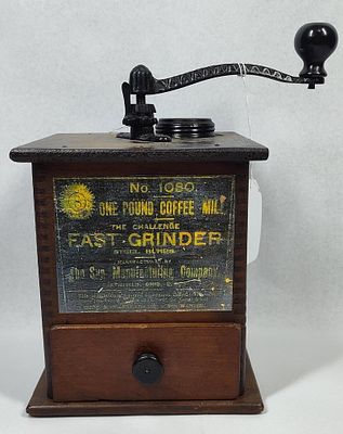 Sun Mfg Challenge No. 1080 Coffee Mill. 9x6.5x6.5 This manual box-style coffee mill was 