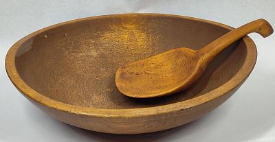Antique Wood Dough Bowl & Carved Scoop. This lot consists of two primitive wooden kitchen 