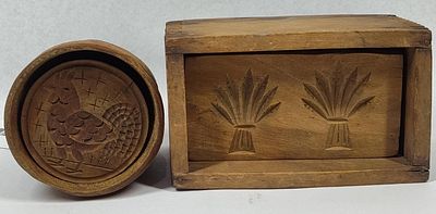 Pair Antique Hand-Carved Butter Molds. Two antique wooden butter molds, comprising one round 