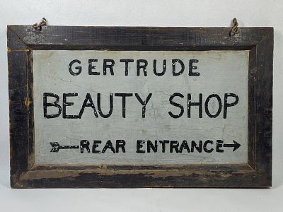 Vtg Gertrude Beauty Shop Wood Sign. 21.5x13. Tin with wood frame. A mid-20th-century 