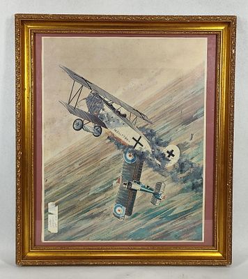 WWI Fokker vs Biplane Lithograph, 1967. 21x24. This color lithograph, attributed to artist Randy 