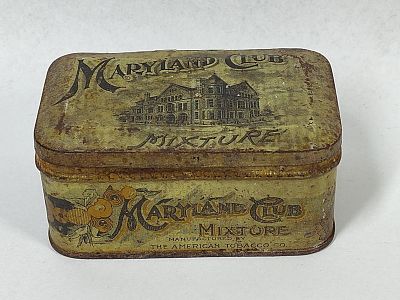 American Tobacco Maryland Club Tin. 4x1.5x2.5 Antique lithographed metal tobacco tin for 