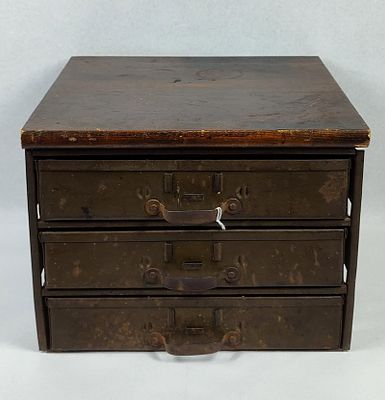 Mid-20th C. Industrial 3-Drawer Cabinet. 12x11.5x8.5 This tabletop industrial parts cabinet 