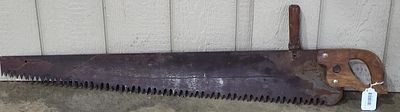 One-Man Crosscut Logging Saw w/ Handle. 47 in. This antique one-man crosscut saw is constructed 