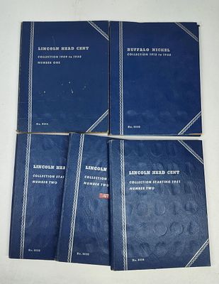 US Lincoln Head Cents & Buffalo Nickels. A collection of United States coinage presented in five 