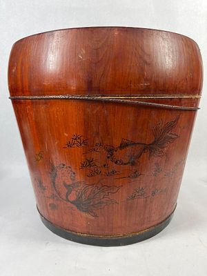 Chinese Red Lacquered Goldfish Bucket. 14X14.5 A Chinese wooden bucket or pail with a fixed 
