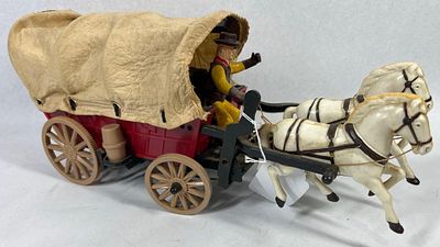 Wild West Wagon w/ Driver & Pair Horses. 15 in long. A vintage battery-operated Wild West 