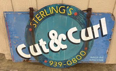 Mid-20th C. Sterling's Cut & Curl Sign. 36x24 in. Wood painted. This large vintage commercial 