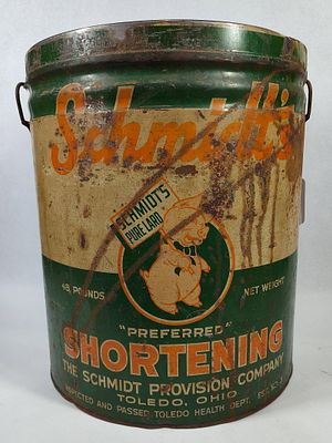 Schmidt Provision Shortening Tin Pail. 14x12 This is a large vintage bulk shortening tin 