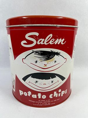 Vtg Decoware Salem Potato Chips Tin. 8x7 A mid-century vintage lithographed metal potato chip 