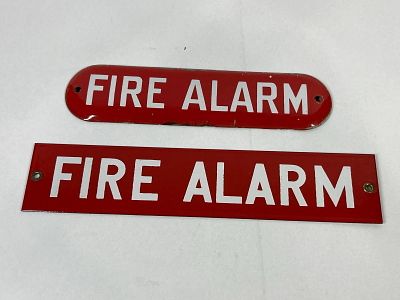 Two Vintage Red Fire Alarm Signs. 12x2.5 and 10x2.5 This lot consists of two vintage fire safety 