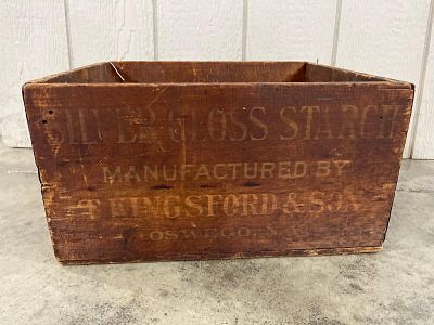 Kingsford's Silver Gloss Starch Crate. 16x14x9 This is an antique wooden shipping crate 