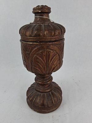 Neoclassical Carved Wood Lidded Urn. A decorative lidded urn or canister constructed from carved 