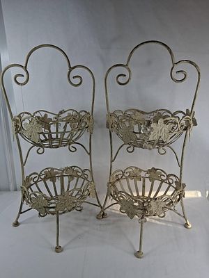 Pair Iron Grapevine Motif Basket Stands. A matching pair of decorative two-tier wire basket 
