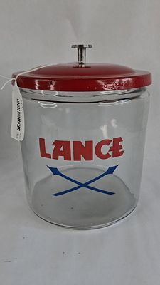 Lance Advertising Glass Jar w/ Red Lid. 9 in tall This is a mid-century vintage advertising 