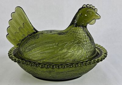 Olive Green Pressed Glass Hen on Nest. 7 in long This mid-twentieth century American pressed 