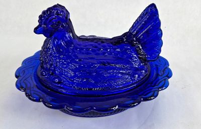 Cobalt Pressed Glass Hen on Nest Dish. 6.5 in long This two-piece pressed glass covered dish is 