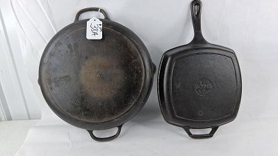 Lodge Square Grill & Cast Iron Skillet. This lot consists of two pieces of cast iron cookware. 