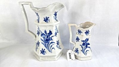 Wheeling Pottery Flow Blue Pitcher Pair. 8 and 12 in tall This pair of matching American ceramic 