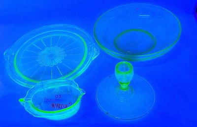 Set 4 Green Uranium Depression Glass. A collection of four pieces of transparent light green 