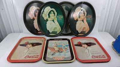 Set 7 Coca-Cola Tin Advertising Trays. A collection of seven vintage-style Coca-Cola advertising 