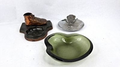 3 Ashtrays: Shoe, Chrome & Glass. A collection of three vintage ashtrays of varying materials 