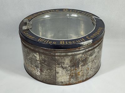 Loose-Wiles Sunshine Biscuits Glass Tin. 12.5x6.5 An antique bulk retail display canister for 
