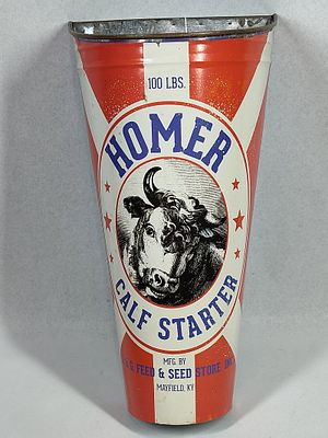 Homer Calf Starter Advertising Wall Bin. 14x7.5 A mid-20th-century wall-mounted advertising bin 