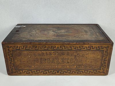 Cope Bros & Co Peerless Cigaretos Box. 16.5x9x6 An antique bulk storage and display box for 
