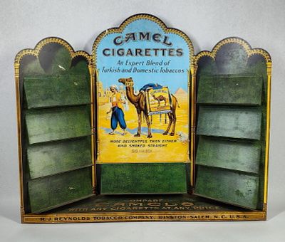 R.J. Reynolds Camel Tin Triptych Rack. 20x18.5 A three-panel folding countertop display rack for 