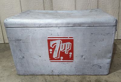Cronstroms 7 Up Embossed Aluminum Chest. 22x13x13 A mid-century rectangular picnic cooler 