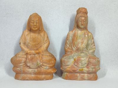 Pair Chinese Soapstone Guanyin Figures. A pair of Chinese hand-carved soapstone figurines 