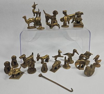 26 Chinese Brass Animal Figures & Hook. An assortment of twenty-six Chinese cast brass miniature 