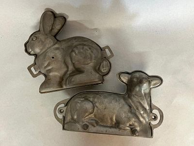 Pair Cast Aluminum Lamb & Rabbit Molds. A pair of two-piece figural baking molds constructed 